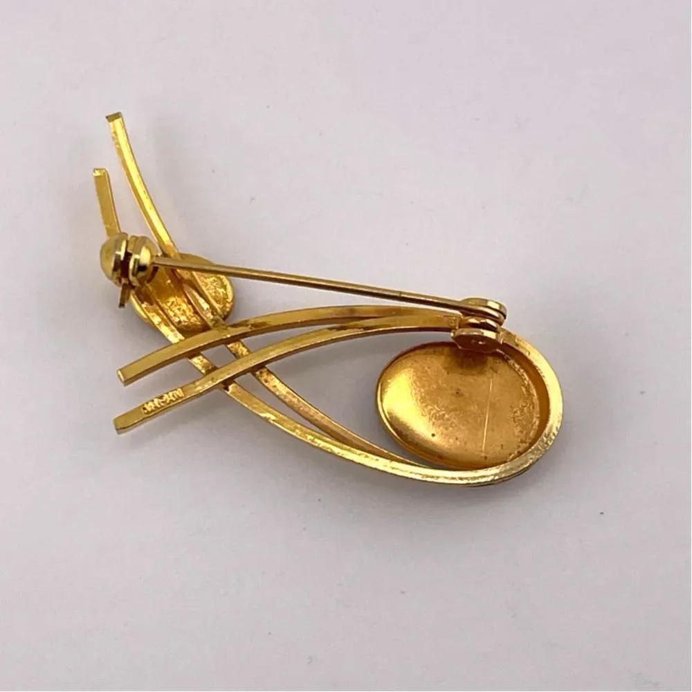 VTG Japan Mid Century Mod Bezel Set Black Onyx Red Orange Gold Tone Fish Brooch‎